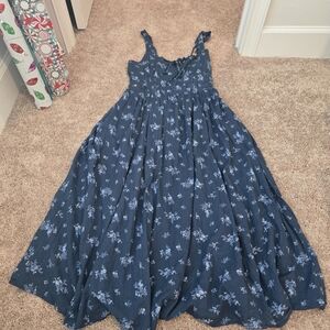 AE American Eagle Corset Floral Print Midi Fit & Flare Cotton Dress Blue Small